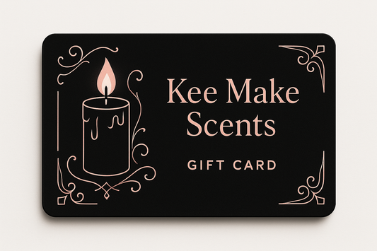 Gift card Kee Make Scents card is black with pink accents add a picture of a candle   as part odf the accents